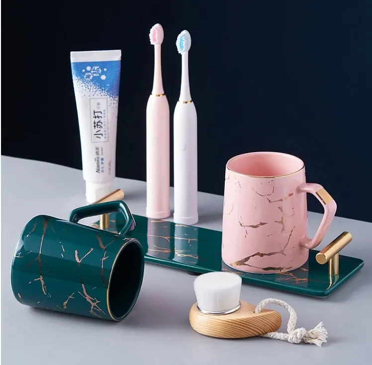 Ceramic Bathroom Accessories Kit with Tray-Luxury Marble Texture Set-Toothbrush Holder-Household Wash Cup