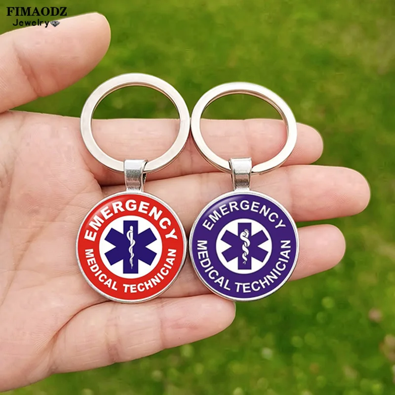 Emergency Medical Technician Keychain Blue Life Star EMT Sign Medical Alert Glass Dome Keychains for Women Men Nurse Key Ring