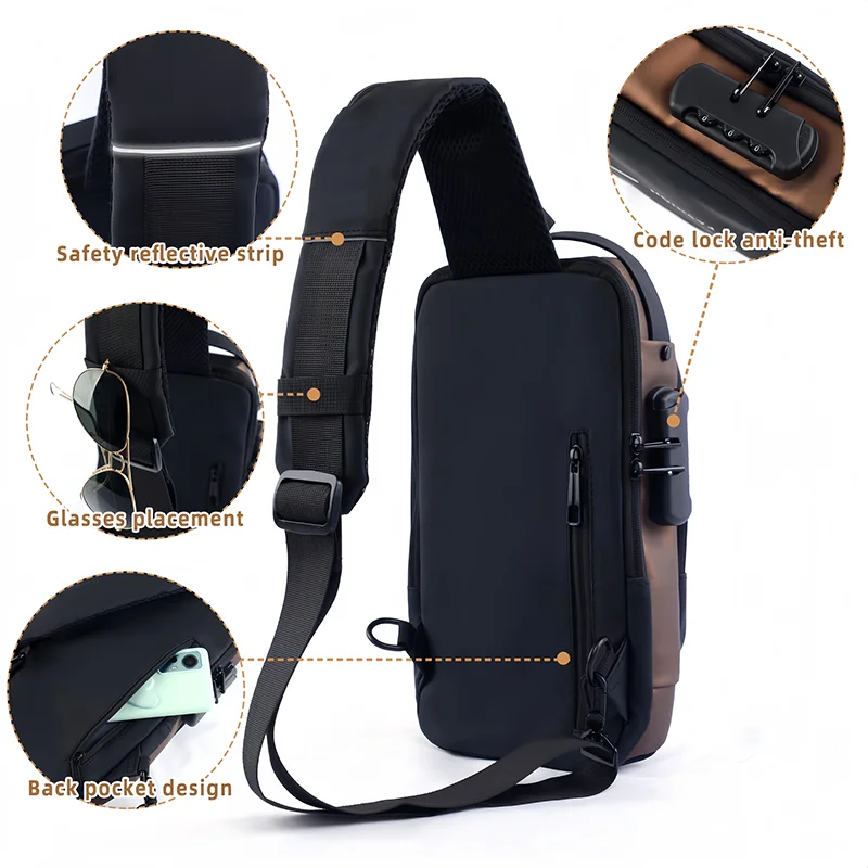 Diebstahlsichere Brusttasche für Herren, modischer Motorrad- und Freizeit-Sport-Schrägrucksack, strapazierfähiges Oxford-Gewebe – Detail 10