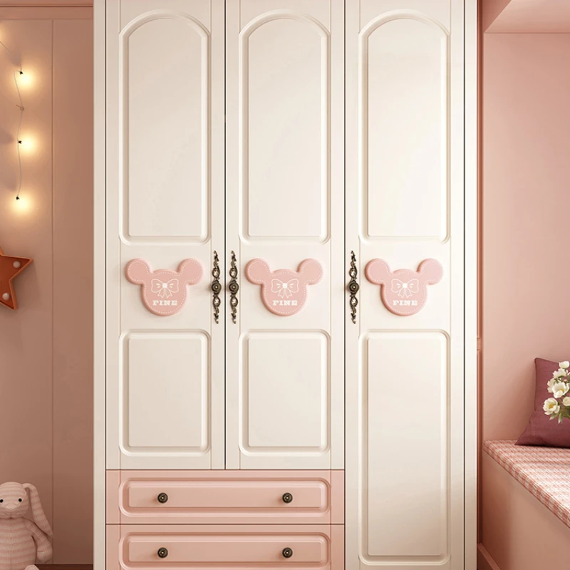 Children's Wardrobe Home Bedroom Cabinet Wood Foot Two Doors Three Doors Vertical Hinged Door Girls Pink