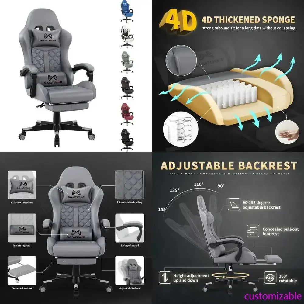 

Эргономичное игровое и компьютерное кресло с подставкой для ног, поясничной опорой, дышащей искусственной кожей, регулируемыми 4D поясничной и головной опорами, поворотом на 360°