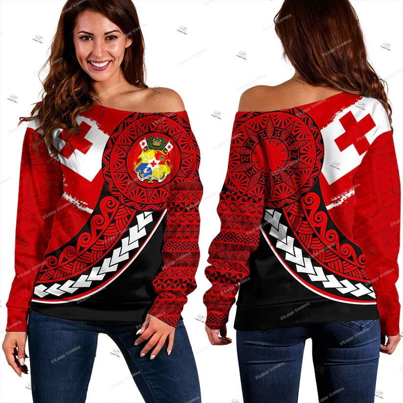 Custom Name Polynesian Country Tonga Hight School Tattoo 3DPrint Casual Harajuku Women Off Shoulder Sweatshirts Long Sleeves X3