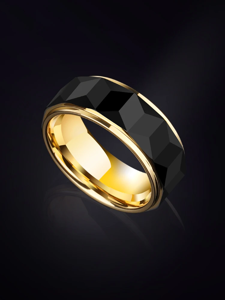 8MM Width Men's Tungsten Carbide Ring Gold Plated Interior Black/Silver Faceted Wedding Band Classic Comfort Fit Jewelry