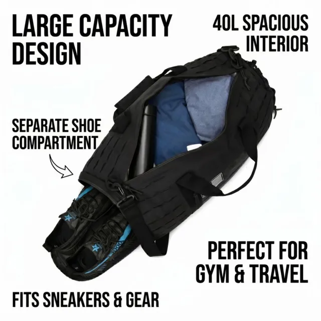 40L Large Tactical Travel Duffle Bag Multi Purpose Weekender Bag With Separate Shoe Compartment Carry On Hand Shoulder Crossbody Bag For Travel Camping Workout Climbing Outdoor Sports Gear Storage Bag 5 40L Tactical Travel Duffle Bag with Shoe Compartment – view 5