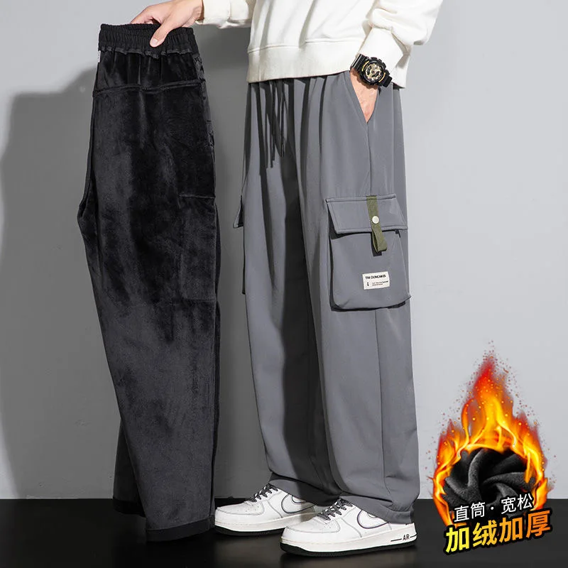 2024 Autumn/Winter New Fashion Trend Loose Straight Leg Overalls Men's Casual Comfort Plus Fleece Thickened Plus-Size Pants 8XL