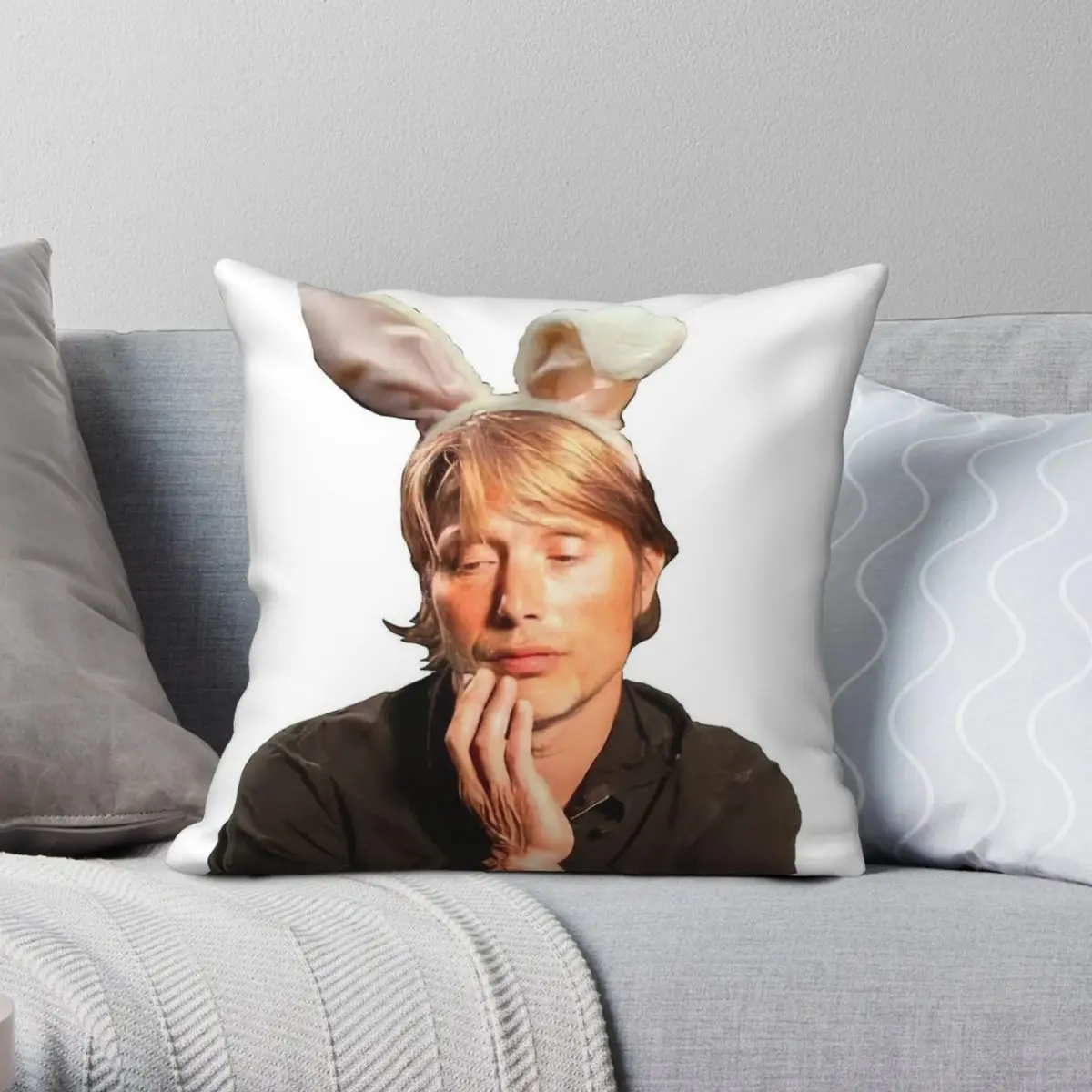 Mads Mikkelsen With Bunny Ears Square Pillowcase Polyester Linen Velvet Creative Zip Decor Home Cushion Cover Wholesale