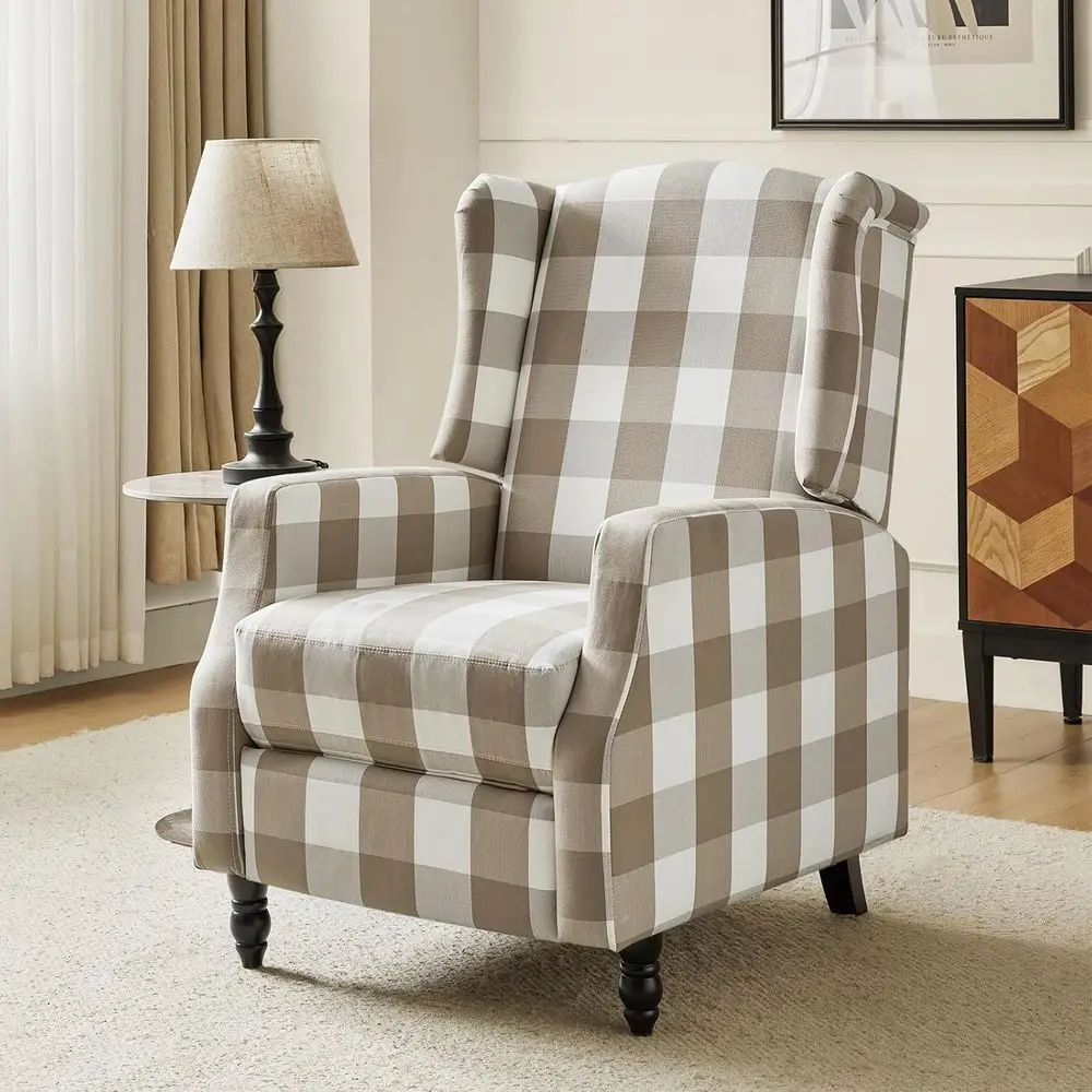

Traditional Solid Wood Leg Push Back Recliner, Wingback Lounge Chair for Living Room, Beige Upholstered Comfort Recliner