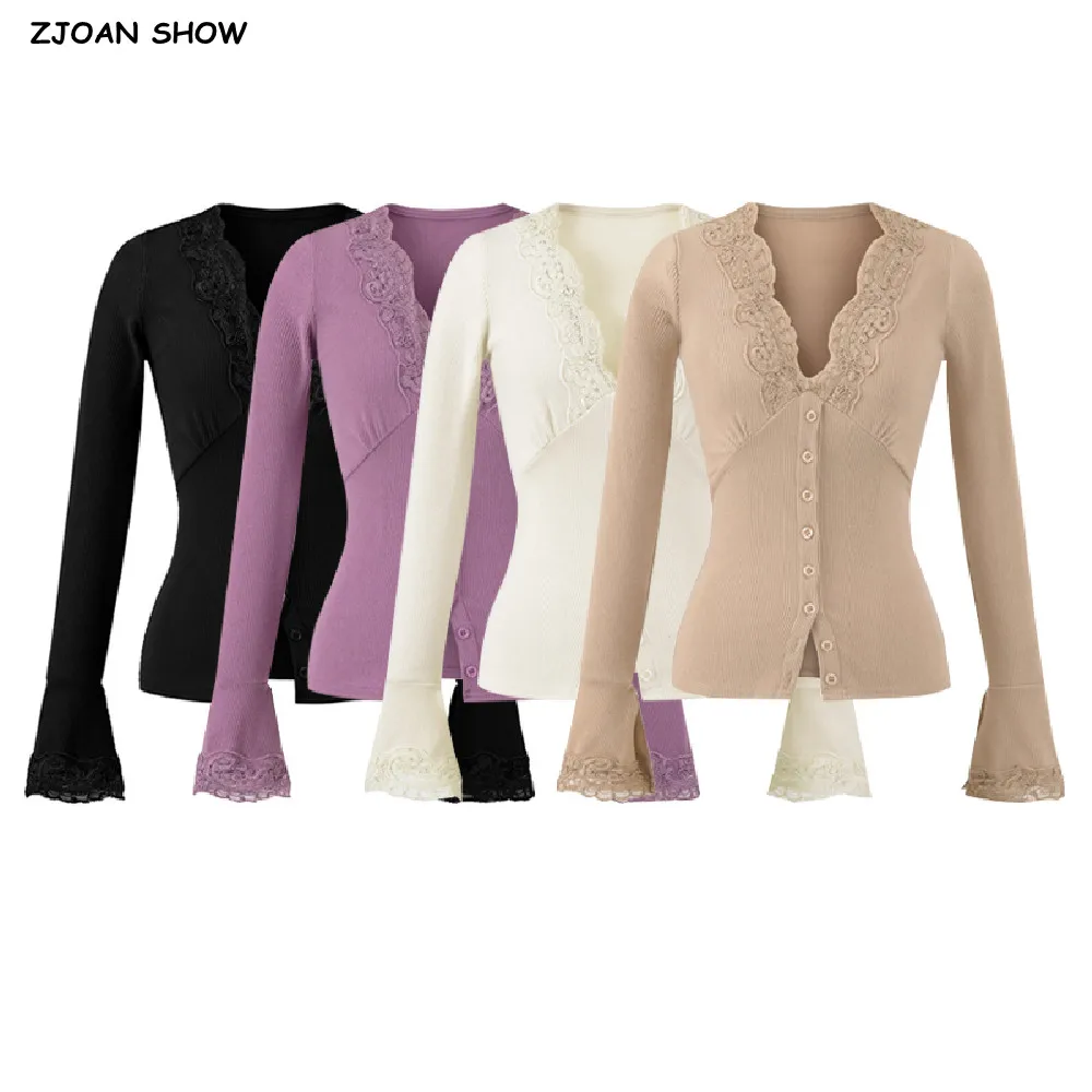 4 Colors Autumn V Neck Spliced Lace Rib Long Flare Sleeve T-Shirts Women Open Buttons Slit Hem Slim Tee Skinny Blouse Tops