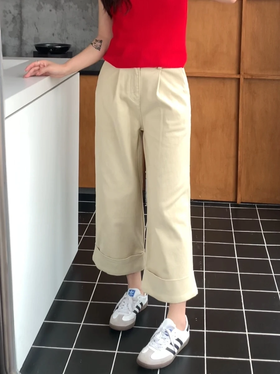 

ZHISILAO New Khaki Wide Leg Jeans Women Cotton High Elastic Ankle-length Denim Pants Spring 2024