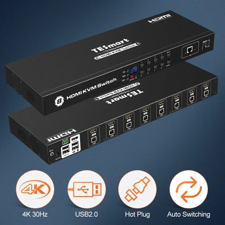 8x1KVM Switcher remoto USB 2.0 8 em 1 saída 4K 30Hz EDID 1U 19 polegadas Rack 8 portas HDMI KVM Switch para PCS