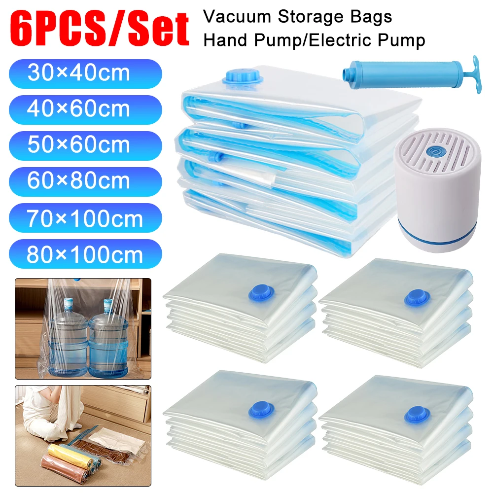 6PCS Vacuum Storage Bags Vacuum Seal Bag with Pump Space Saving Bags for Comforters Clothes Pillow Bedding Blanket Storage Bag