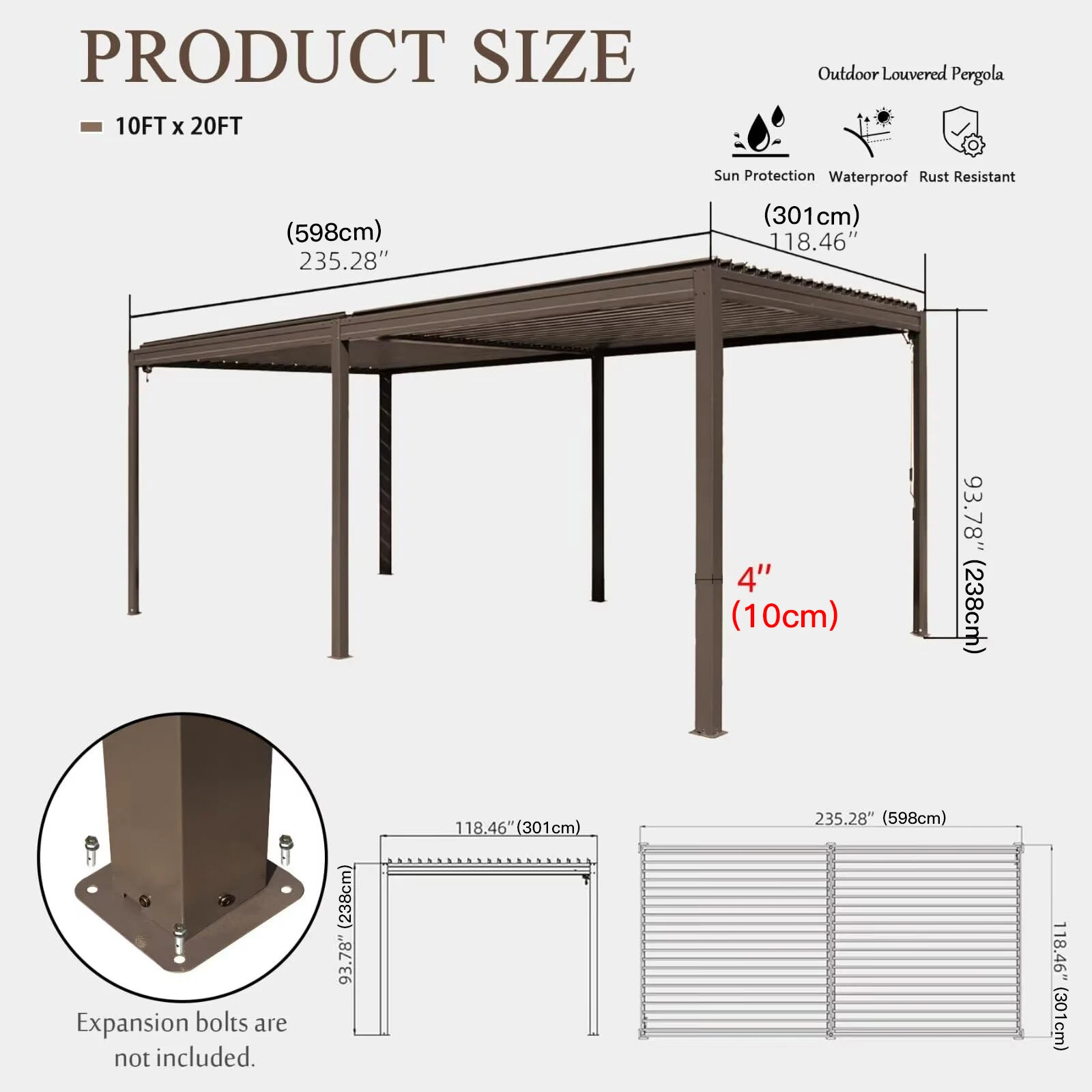 ！@！@Brown Adjustable Steel Roof Louvered Pergola Outdoor Aluminum Frame Rainproof Canopy & Gazebo & Pergola
