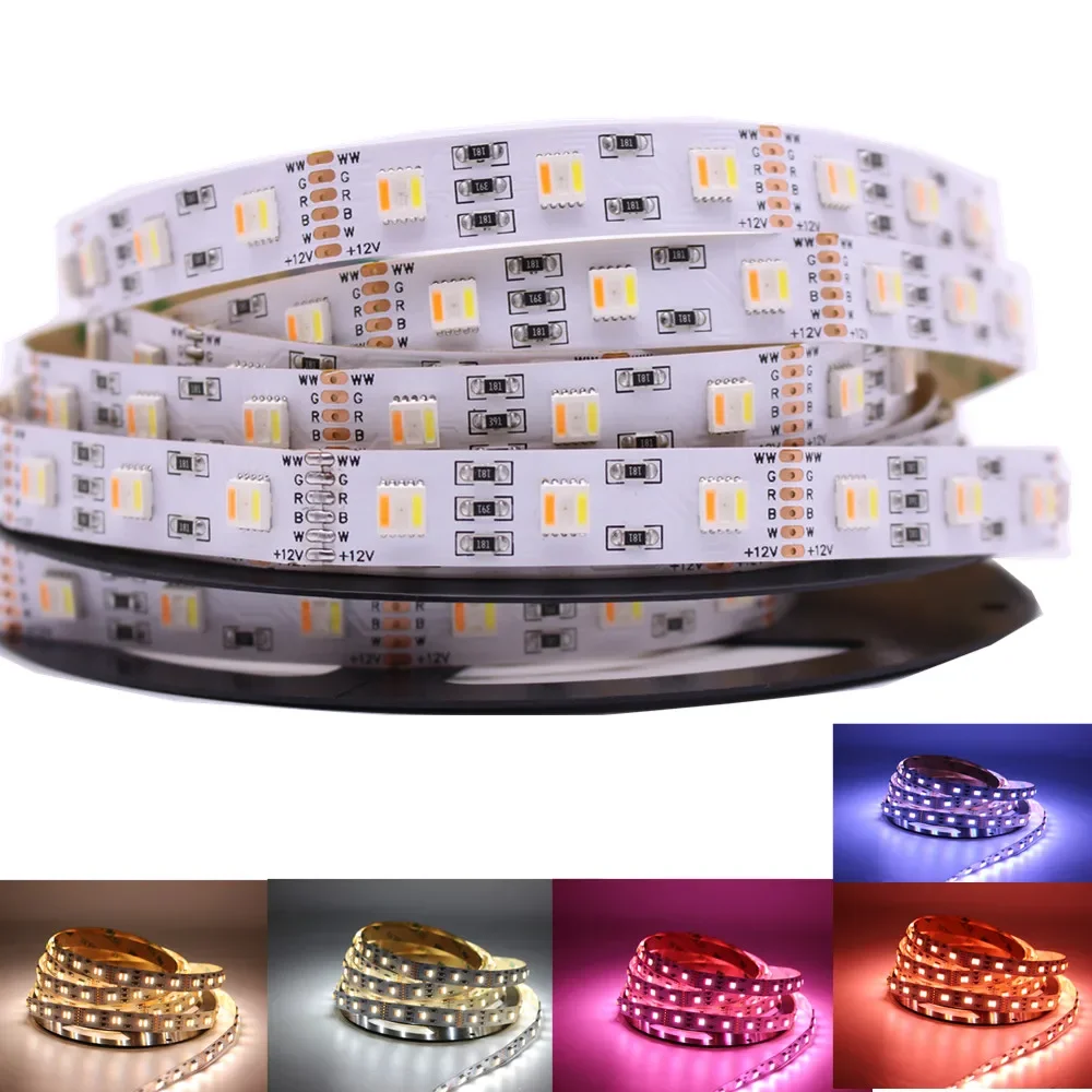 

RGBCCT 5M DC12V/24V 5050 RGBWW 5 color in 1 led chip flexible LED Strip light RGB+White warm white,White PCB 60Leds/m IP20/67