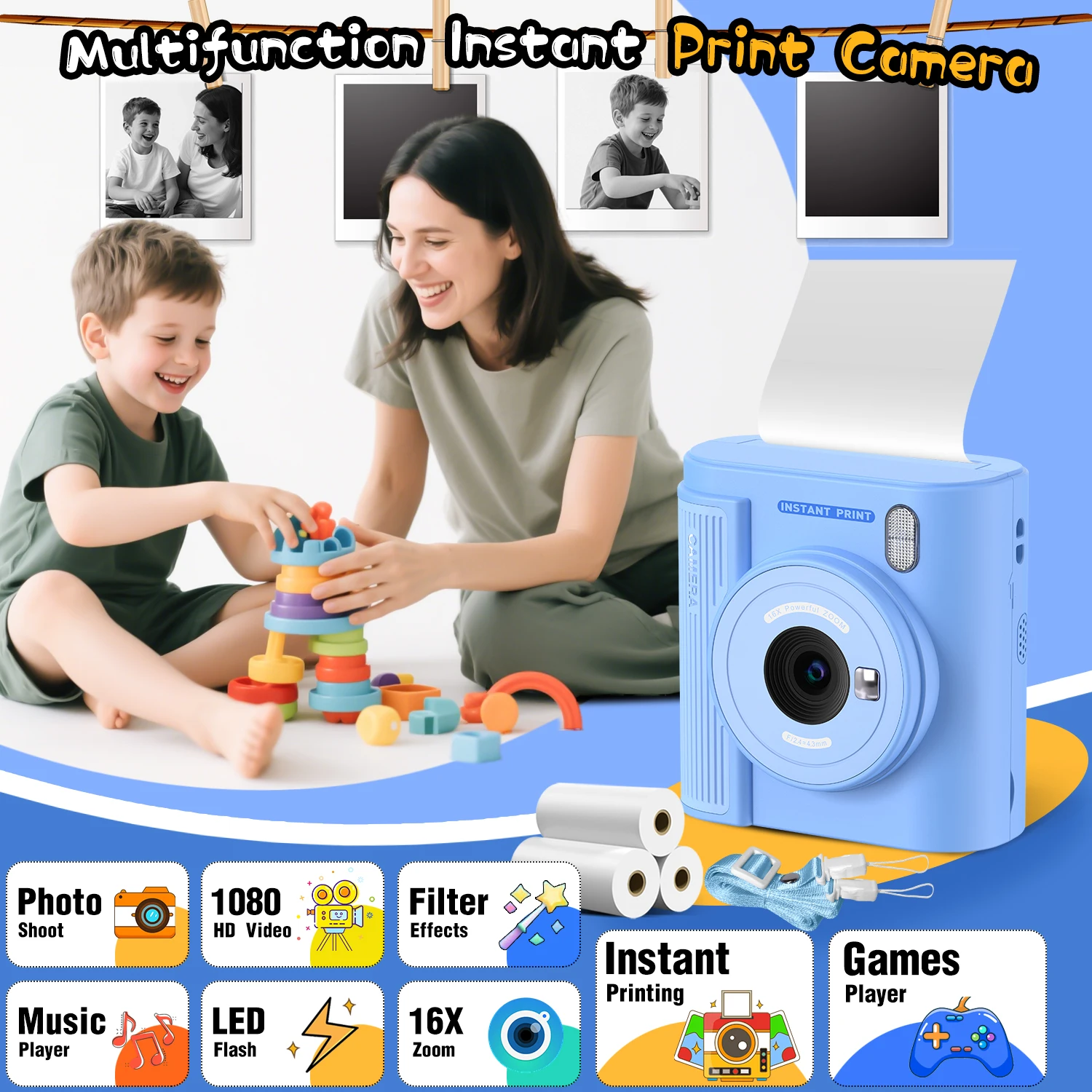INOCTI Cámara de impresión instantánea para niños, cámara digital, tres papel de impresión y tarjeta 32G, para niñas y niños, regalos de cumpleaños de Navidad
