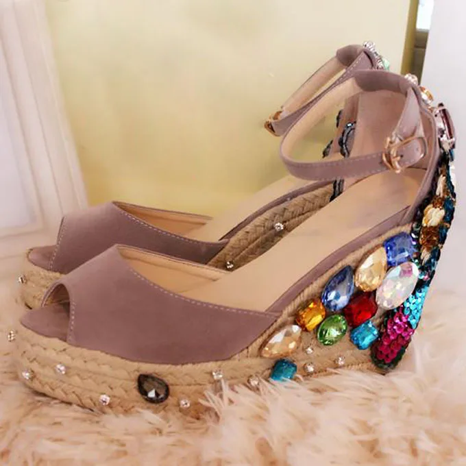 Colorful Butterfly Sequins Rhinestone Embellished Rope Braided Wedge Sandals Woman High Platform Peep Toe Summer Beach Shoes