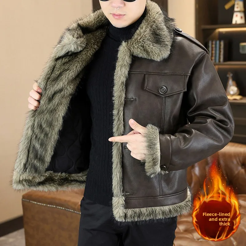 

High Quali Fce Lined Thiened Leather Jaet Coat American Retro Large Size Casual Faionable Winter Men's Biker Jaet