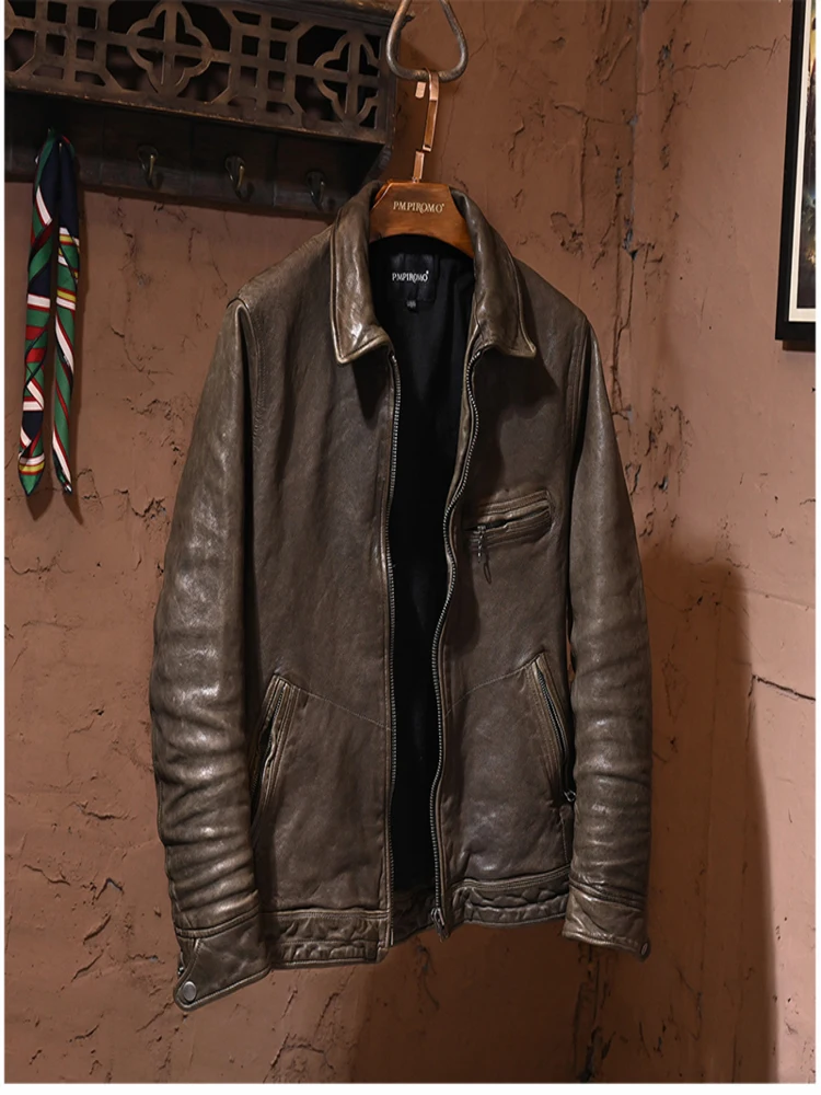 

YR!Free shipping.Luxury men biker tanned sheepskin jacket.quality slim vintage genuine leather coat.fashion clothes.