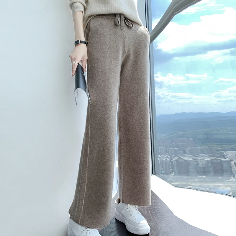 ATTYYWS-Australian Wool Wide Leg Pants for Women, Loose and Comfortable Knit Pants, Long, Pure Wool, Hot Selling