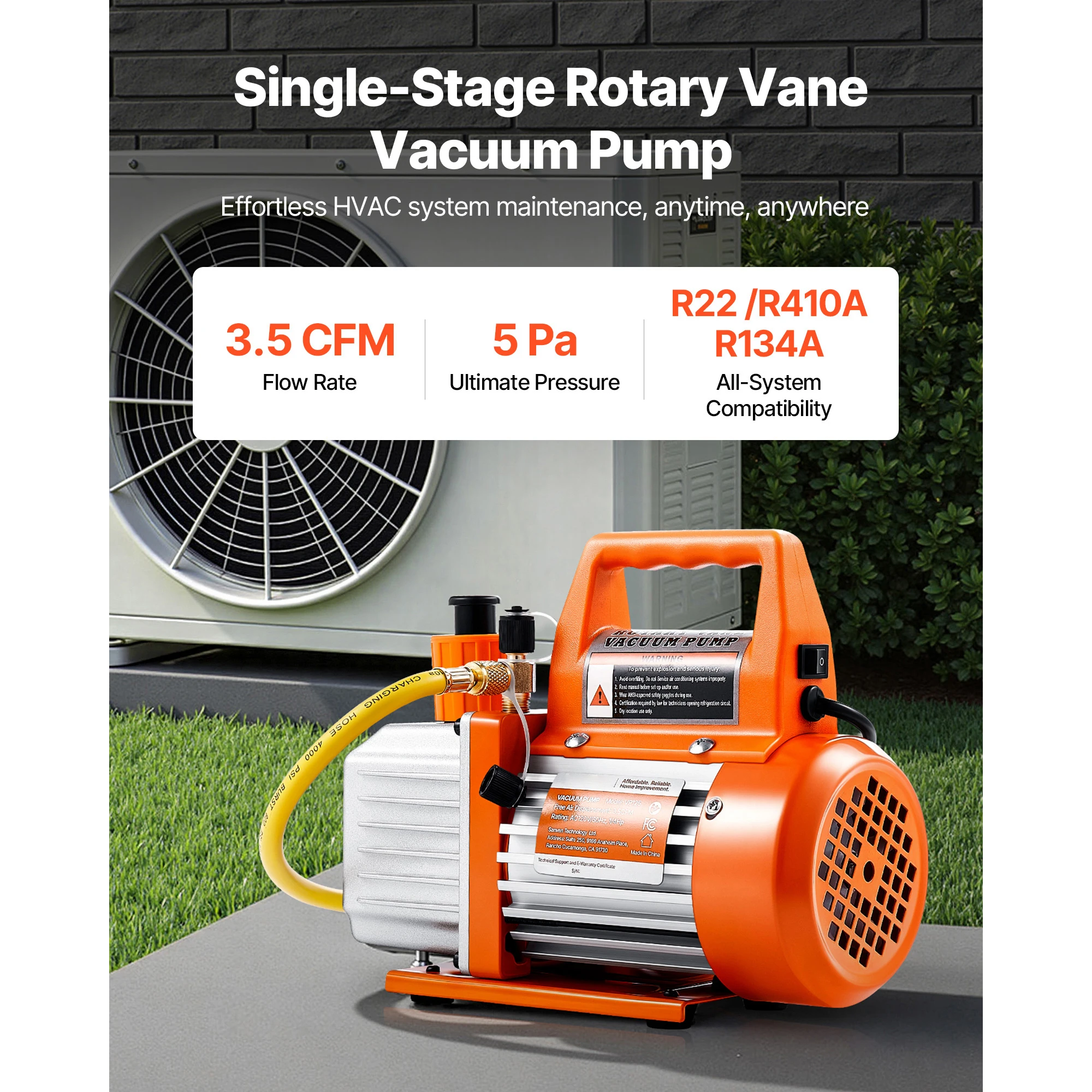 Vacuum Pump, 3.5 CFM 1/4 HP, Designed for R134a R22 R410a Systems, 1720 PRM, HVAC Single Stage Rotary Vane AC Vacuum Pump, Featuring Oil Bottle