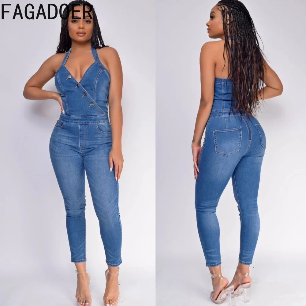 

FAGADOER Fashion Deep V Halter Backless Denim Jumpsuits Women Sleeveless Pocket Bodycon Playsuits Female Cowboy Slim Overalls