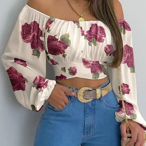 Women's blouses printed out of the shoulder, long sleeve with sexy flashlight, with lace, tops-en with bow, fine casual, chic and elegant shirts, 2023 11 Main Sales Blouses Printed - №7