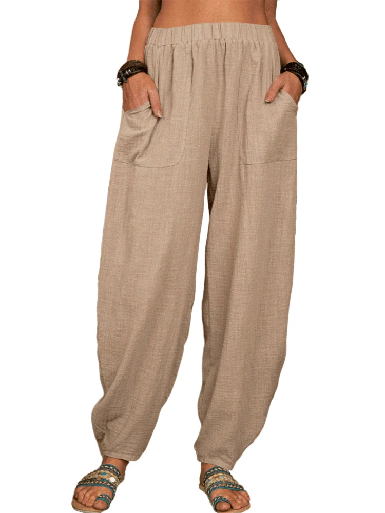 

Solid Baggy Pants With Pockets, Casual Elastic Waist Pants For All Season, Women's Clothing