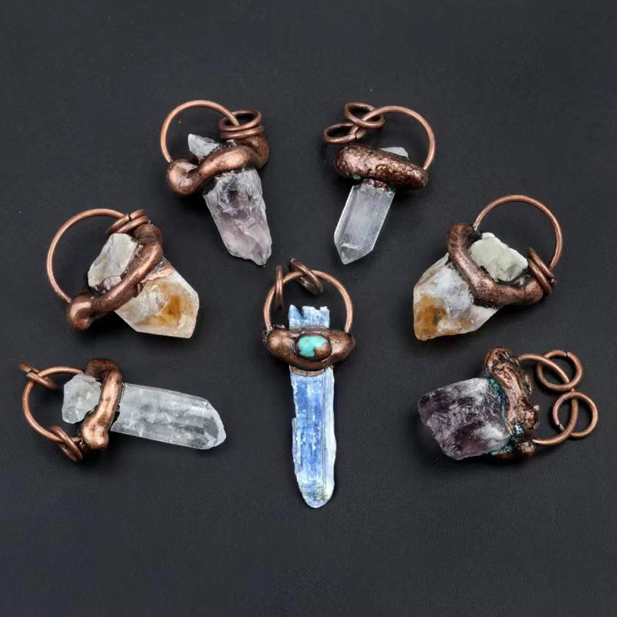 Natural Crystal Citrine Clear Quartz Aquamarine Raw Rough  Antique Copper Pendant Vintage DIY Necklace Bracelet Earring Jewelry