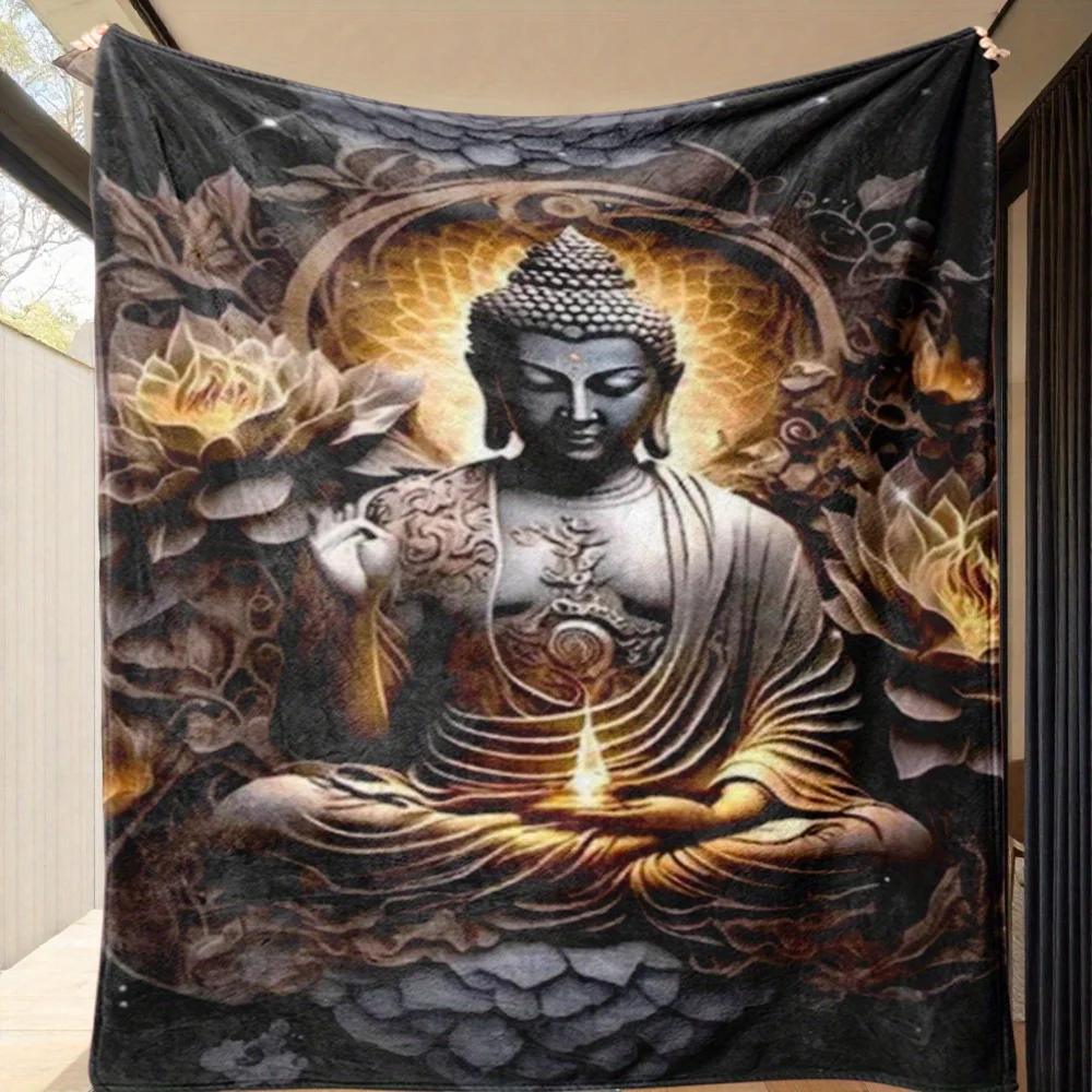 1pc Buddha-Themed Fleece Blanket - Large Plush 100% Polyester, Digital Print Zen Meditation Design with Lotus Flowers & Golden
