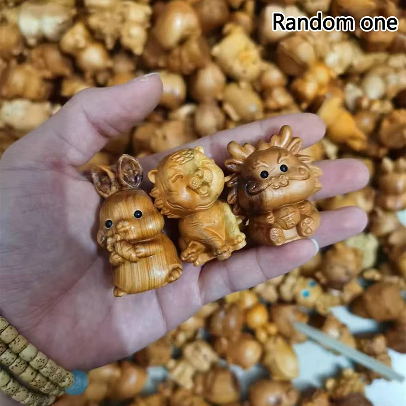 【F】1 Piece Children's Gift Ornaments Mini Wood Carving Chinese Zodiac Dog Tiger Dragon Cute Small Animal Statue Handicraft