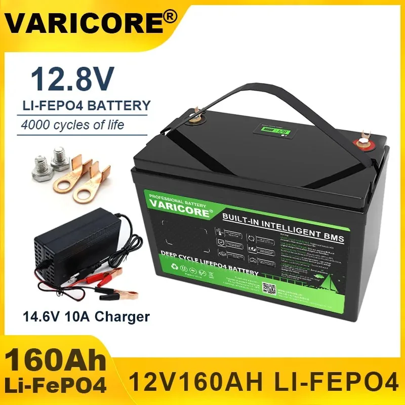 VariCore 12.8V 160AH USB 3.0 Type-C 12V LiFePO4 배터리 리튬(인버터용 BMS 포함) 자동차 라이터 14.6V 골프 카트 면세