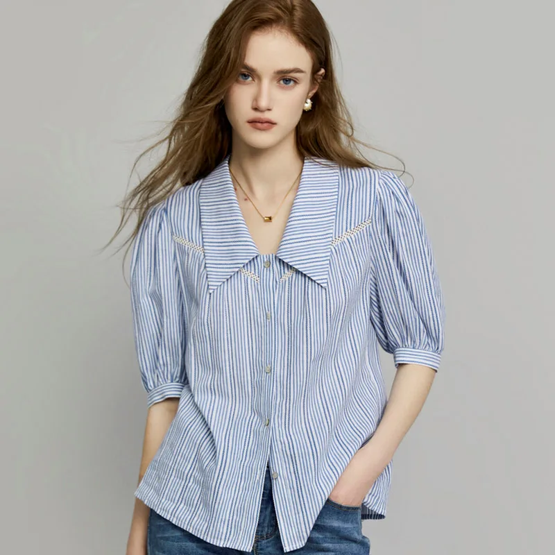 

Women French Blue Striped Shirt Summer Short Sleeve Simple Casual Loose Tops Turn-down Collar Fashion Blouse