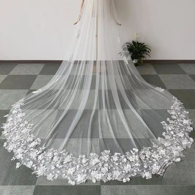 3D Lace Flowers with Pearls Bridal Veil Soft Tulle Veil with Flowers Wedding Veil Handmade Wedding Dress Bridal Accessories