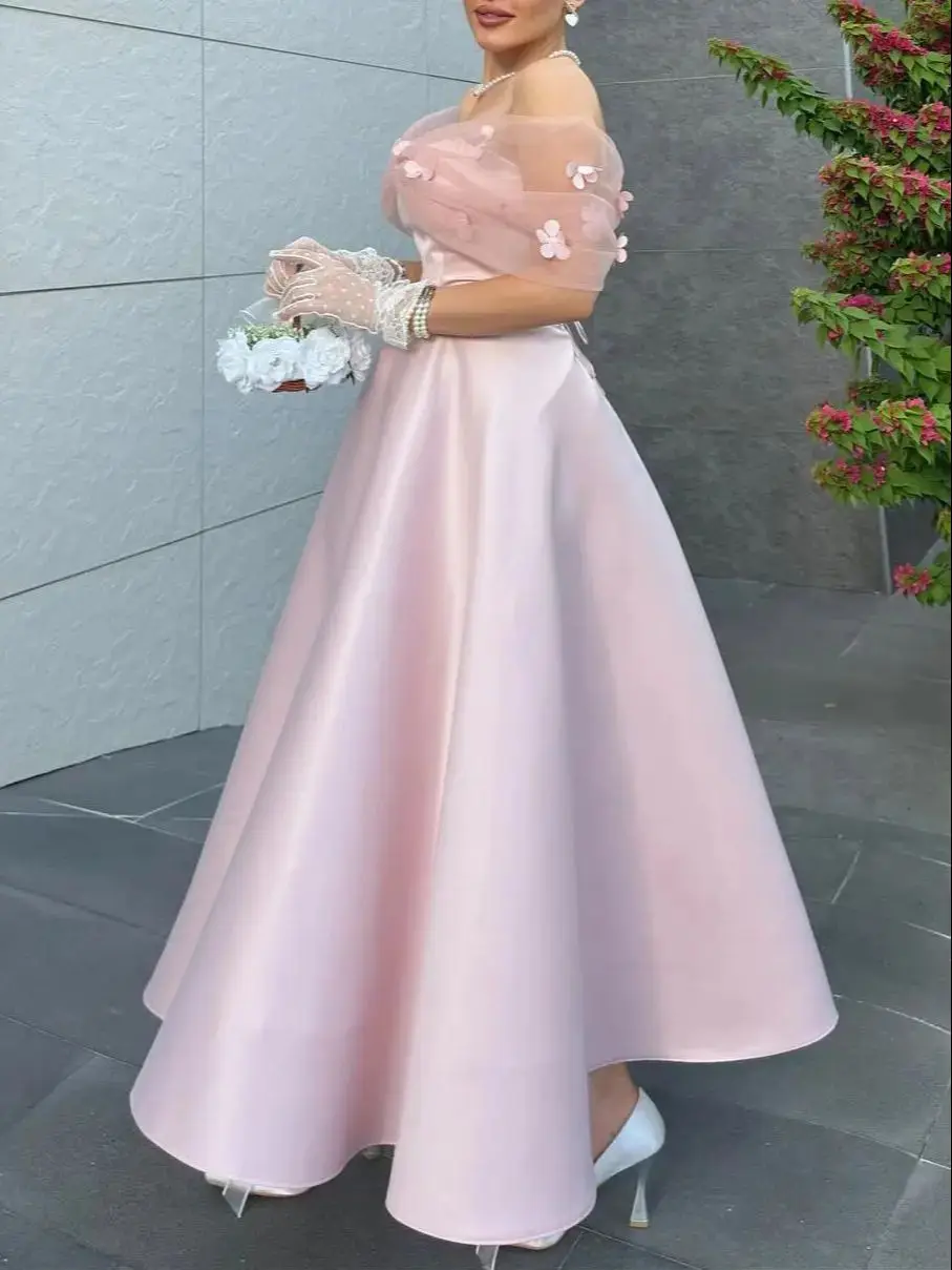 Vestido de fiesta de satén rosa otoño fuera del hombro con cordones en la espalda tul con flores hechas a mano vestido de fiesta azul real, negro, burdeos