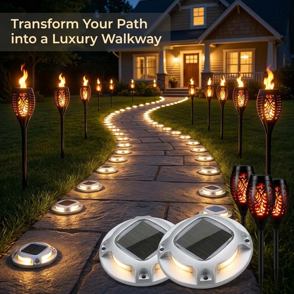 Solar Outdoor Lights Set: Flickering Flame Torch Lights & Round Warm White Ground Lights for Garden Pathway, Lawn Landscape Lighting, Waterproof LED S-Curve Path Guide Lights for Yard, Driveway, and Courtyard Night Atmosphere Decor