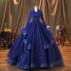 Luxury Sparkly Sequin Lace Quinceanera Dresses Pearls Puffy Ball Gown Sweet 16 Dress Long Sleeve Prom Dress Wedding Party Gowns