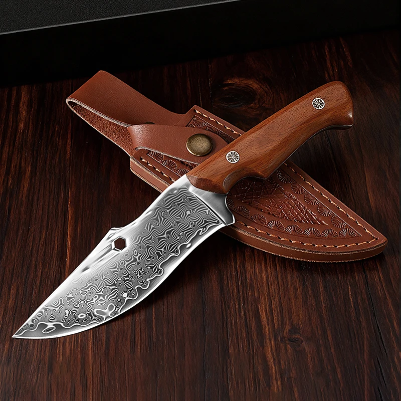 

Дамасский уличный нож с изогнутым острым краем и фиксированным лезвием с деревянной ручкой для кемпинга, выживания, охоты, выживания, ножей