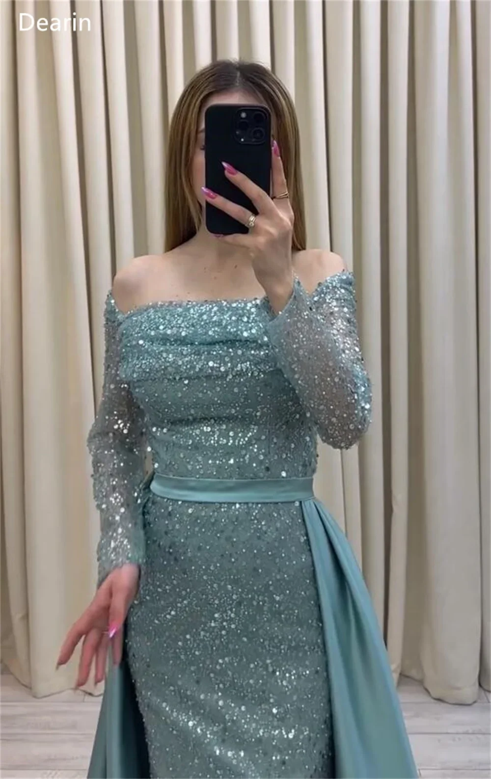 Vestido formal personalizado Dearin, coluna fora do ombro, comprimento até o chão, saias, lantejoulas, vestidos de ocasião sob medida, vestido de baile de noite Sau