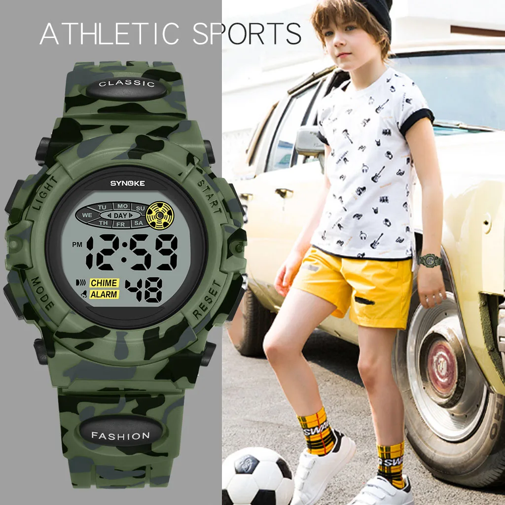 SYNOKE Student Sport Watch For Kids Colorful Electronic Watches Waterproof Clock Children Digital Watch For Boys Camouflage