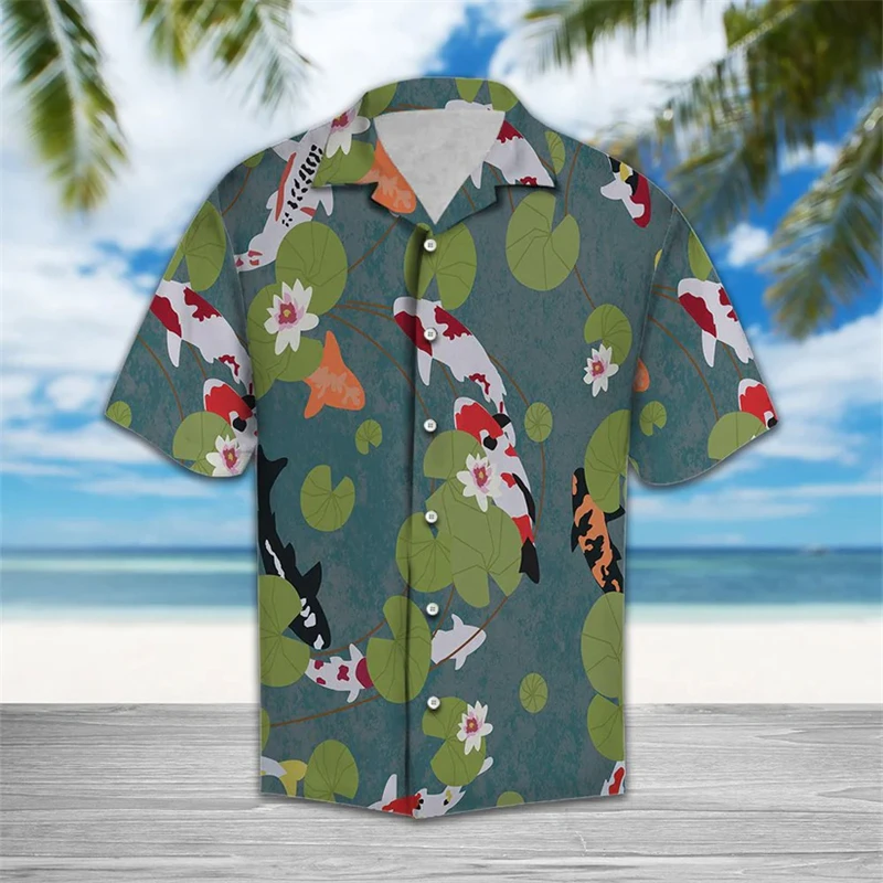 

Fashion Koi Pattern Hawaiian Shirts For Men Summer Trendy Streetwear 3D Fish Printed Shirt Casual Oversized Harajuku Blouses
