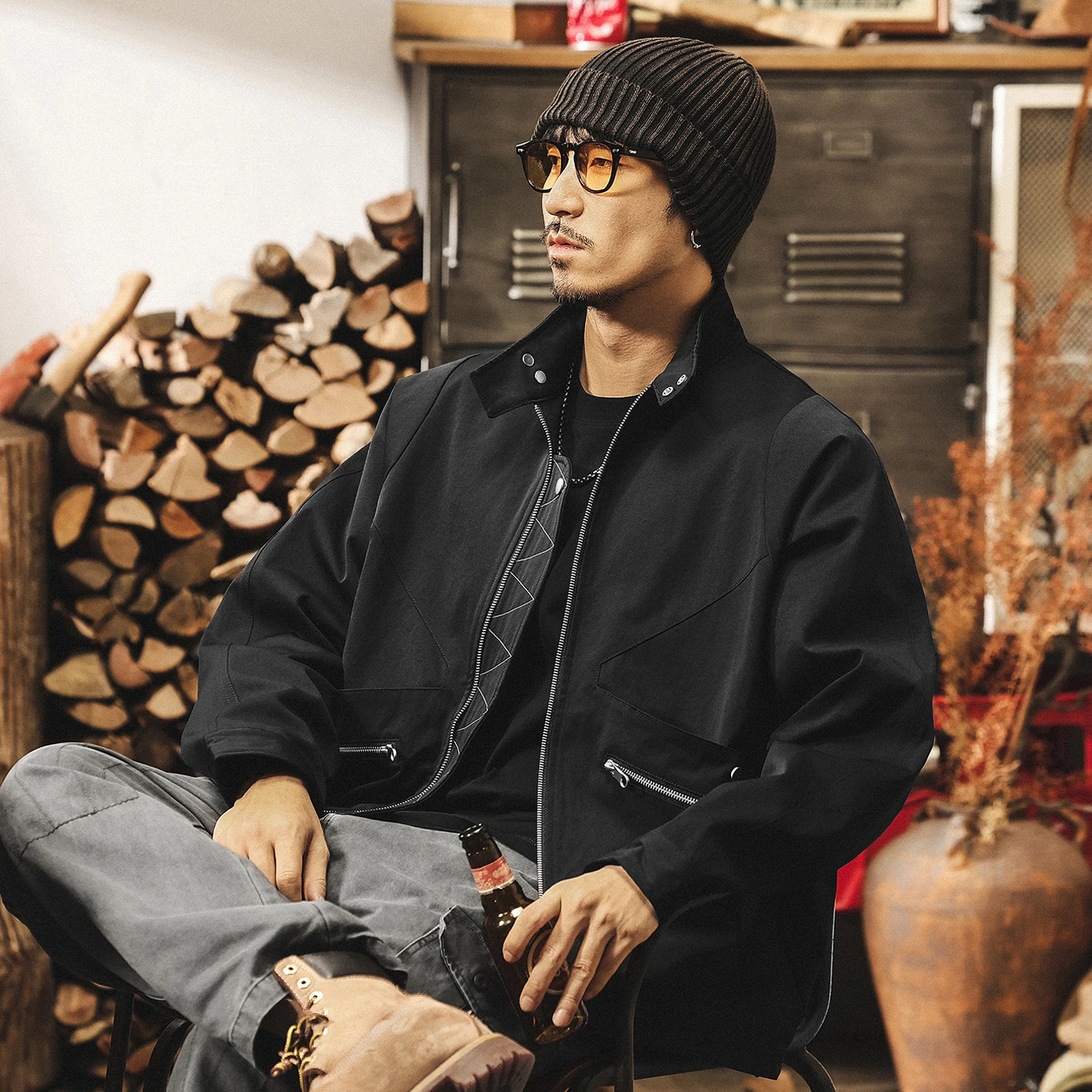 

Spring and Autumn's new trendy men's retro stand-up collar jacket, high street style cool loose workwear jacket