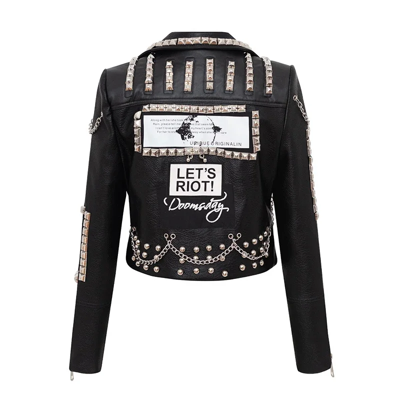 Punk Studded Black Leather Jacket for Women 2024 Trend Streetwear Graffiti Print Motorcycle  Faux Leather Cropped Jackets S-XXXL