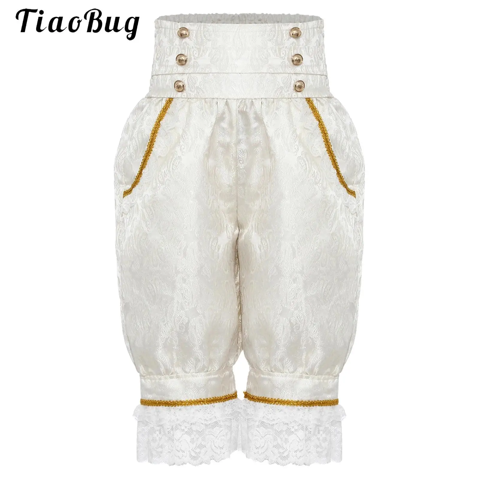 

Girls Renaissance Medieval Pants Halloween Victorian Pattern Pockets Pantaloons Elastic High Waist Ruffled Lace Bloomers Trouser