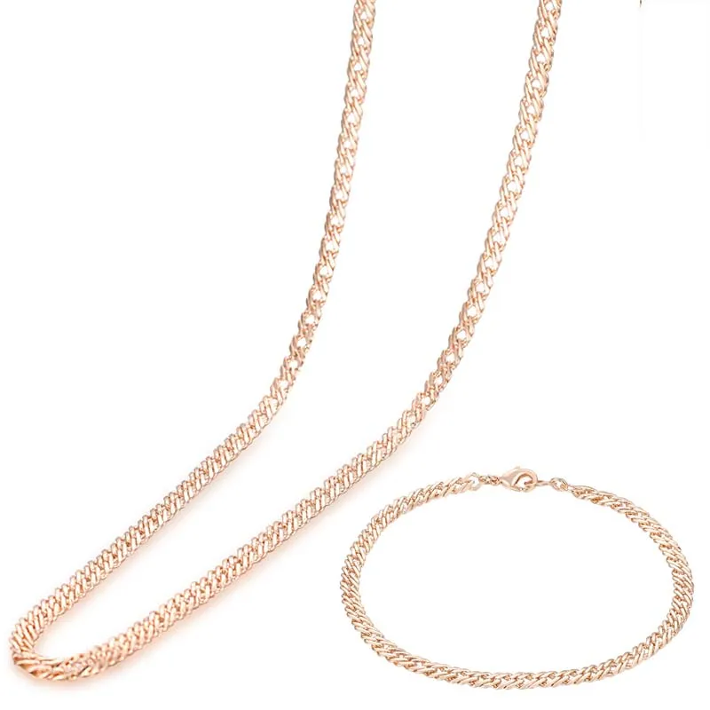 Men Woman 4mm Real Rose Gold Color Set Jewelry Smooth Bracelet Necklace Lin Chains