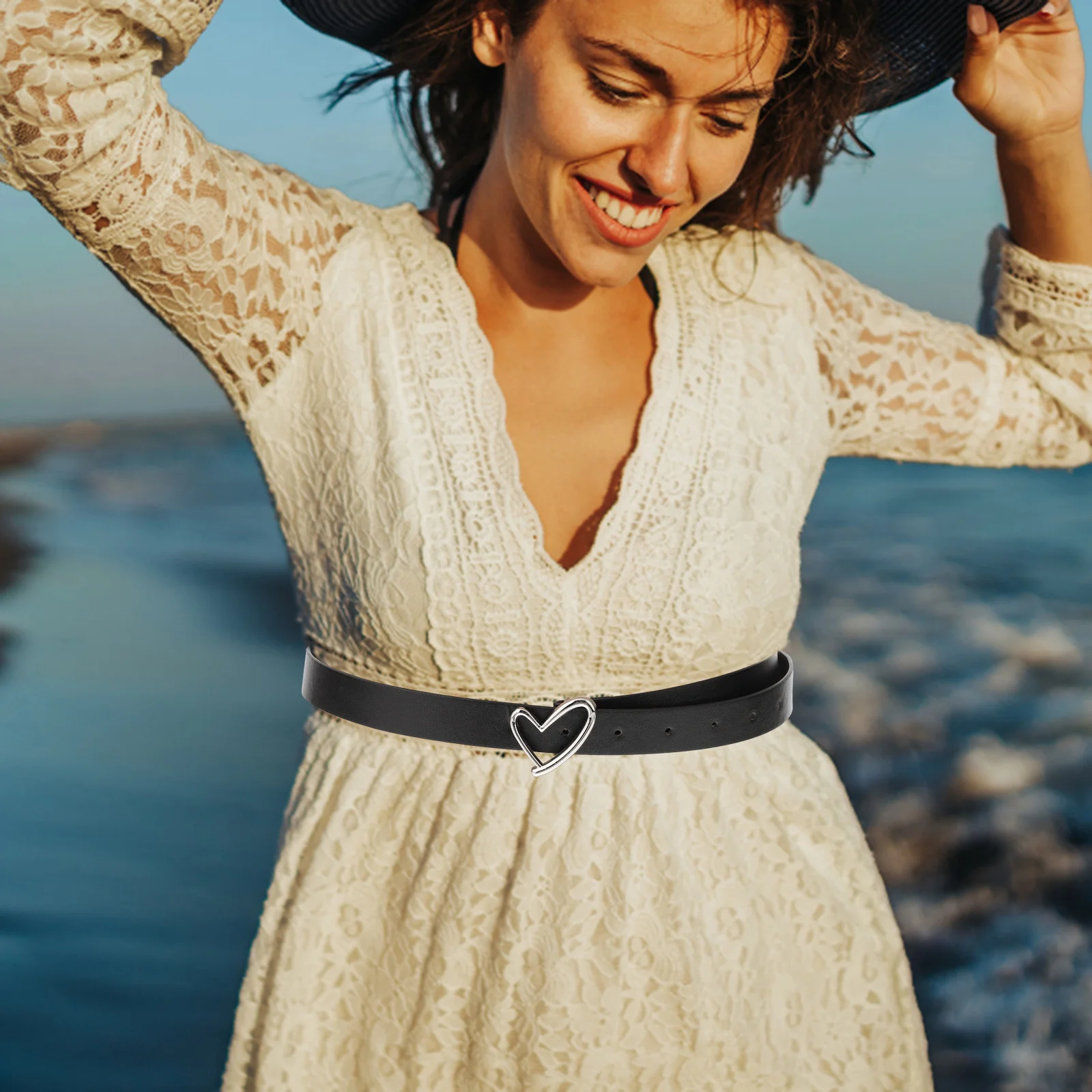 

Black Women Waist Belt Adjustable Imitation Heart Buckle Dress Belt for Pants Sweater Daily Style Dress Belts for Women