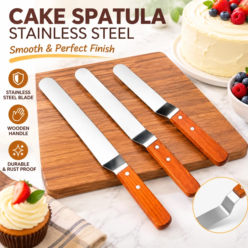 6/8/10 Inch Stainless Steel Cake Icing Spatula Butter Cream Frosting Smoother Spreader Wood Handle Cake Decorating Baking Tools