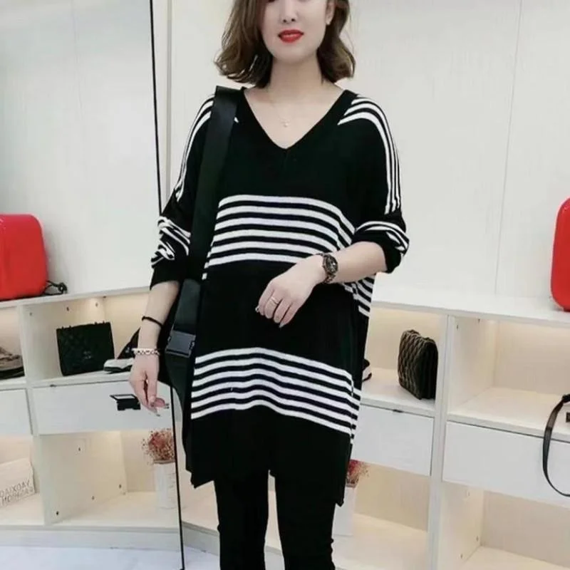 

plus Size Women's V-Ne Knitwear Spring Autumn Striped Loose Fit Mid-Length Base irt Office Sle And Pear Body pe
