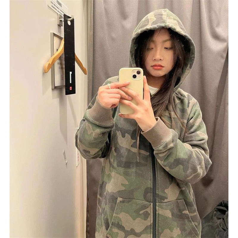 Military Green Womens Clothing Vintage Street Sweatshirt Y2K Camouflage Hoodie Cardigan Long Sleeves Warm Oversize Ladies Tops