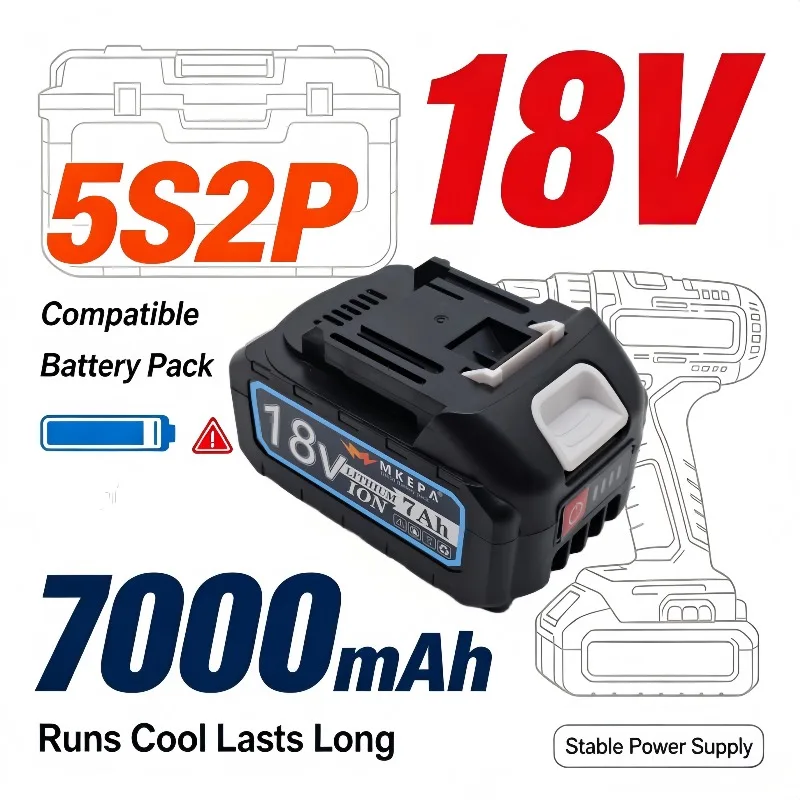18V 7000mAh Compatible Power Tool Battery, 5S2P Cell Structure, Low Internal Resistance, Long‑Lasting, Anti‑Overheating
