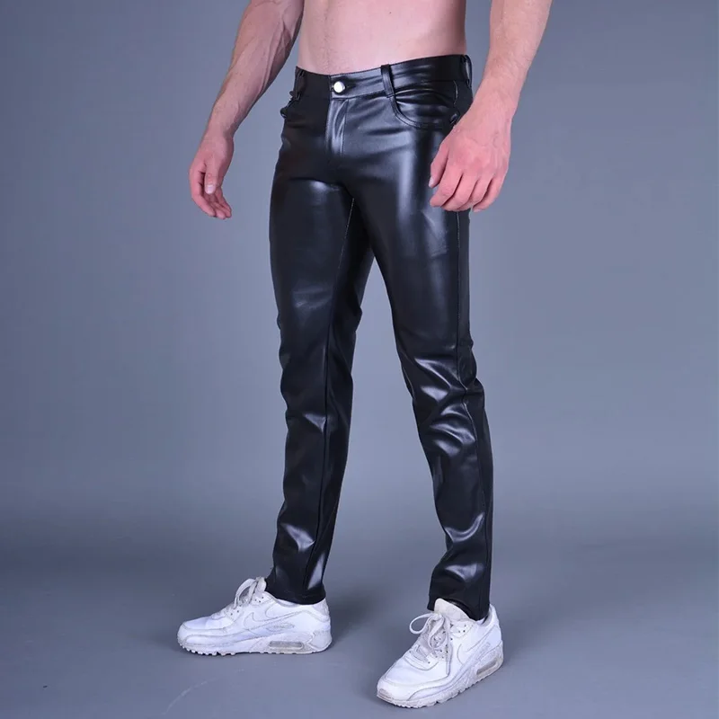 Pantalones ajustados de látex sintético para hombre, ropa de calle de cuero, negro mate, elegante, Sexy, PU, con bolsillo, personalizado