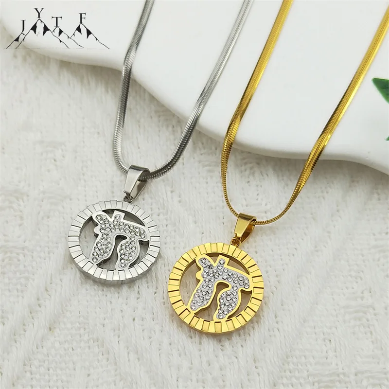 

Islam Muslim Rune Round Rhinestones Inlaid Pendant Necklace for Women Stainless Steel Gold Color Symbol Charms Jewelry Gift